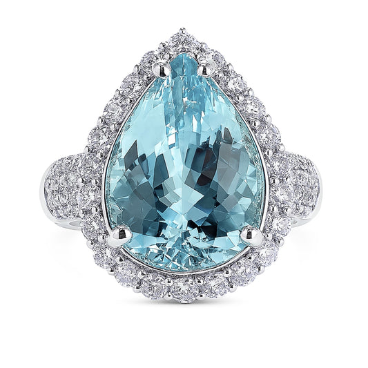 14K 7.25ct Pear Shape Santa Maria Aquamarine 1.11cttw VS White Diamonds Ring
