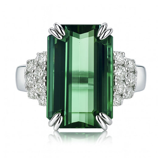 14K 7.43ct Emerald Cut Congo Tourmaline 0.49cttw VS White Diamonds Ring