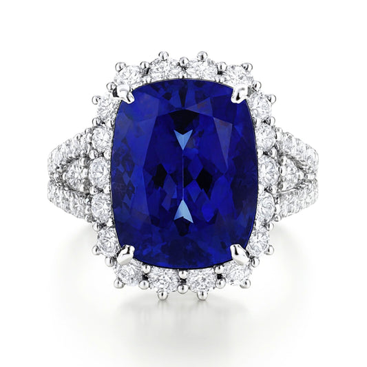 14K 8.12ct Cushion Blue Wing Tanzanite 1.42cttw VS White Diamonds Ring