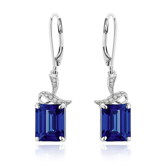 14K 8.41cttw Emerald Cut Blue Wing Tanzanite 0.07cttw VS White Diamonds Drop Earrings