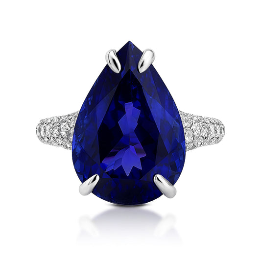 14K 8.58ct Pear Shape Blue Wing Tanzanite 1.07cttw White Diamonds Ring