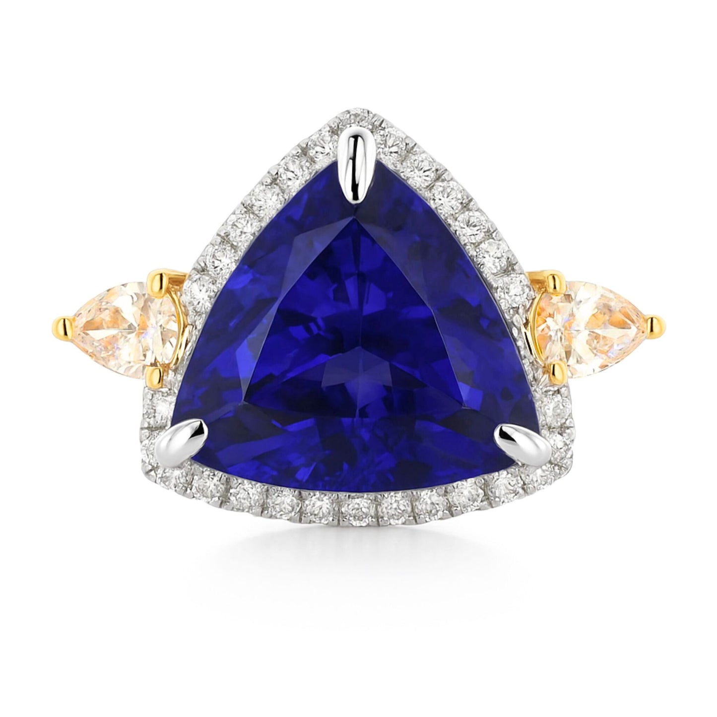 14K 9.16ct Trilliant Blue Wing Tanzanite 0.66cttw Yellow & White Diamonds Ring