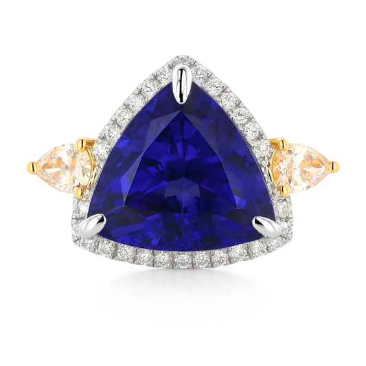 14K 9.16ct Trilliant Blue Wing Tanzanite 0.66cttw Yellow & White Diamonds Ring