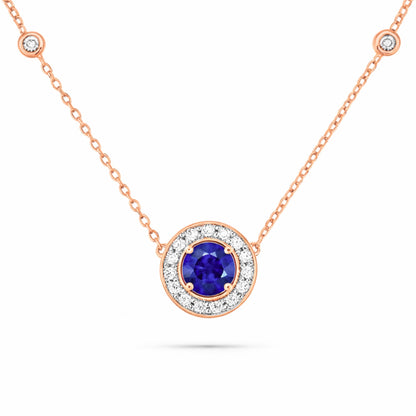 14K 0.60ct Round Blue Wing Tanzanite 0.33cttw VS White Diamonds Necklace