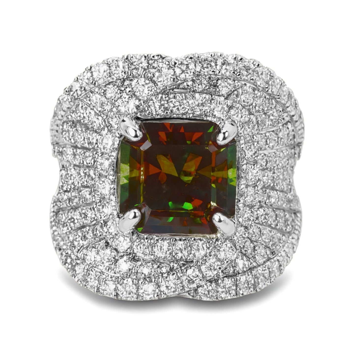 14K 3.62ct Asscher Cut Color Change Sphene 1.78cttw VS White Diamonds Ring