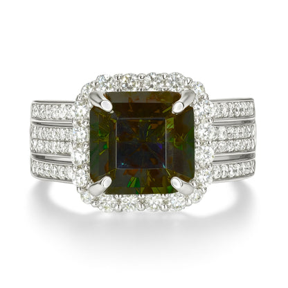 14K 4.16ct Asscher Cut Color Change Sphene 0.91cttw VS White Diamonds Ring