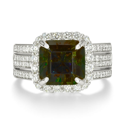 14K 4.16ct Asscher Cut Color Change Sphene 0.91cttw VS White Diamonds Ring