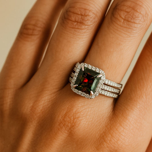 14K 4.16ct Asscher Cut Color Change Sphene 0.91cttw VS White Diamonds Ring