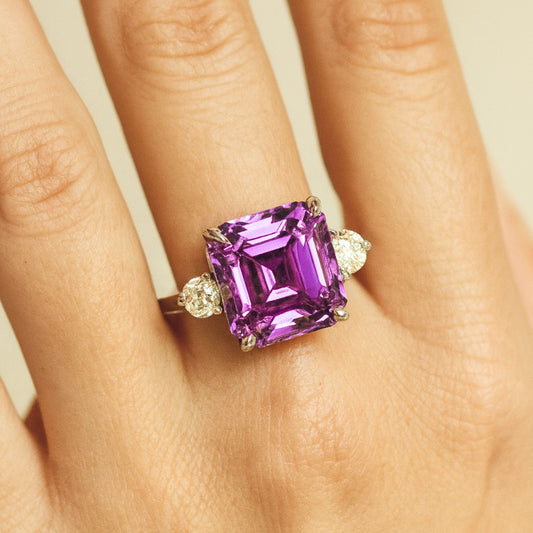 14K 14.20ct Asscher Cut Kunzite 0.65cttw VS White Diamonds Ring