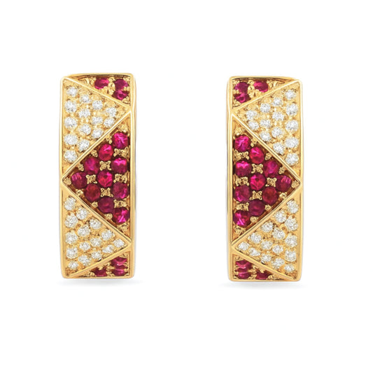 14K 1.26cttw Burma Ruby 0.80cttw VS White Diamonds Hoop Earrings