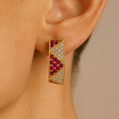 14K 1.26cttw Burma Ruby 0.80cttw VS White Diamonds Hoop Earrings