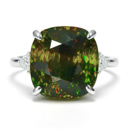 14K 19.31ct Cushion Color Change Sphene 0.30cttw Fancy Cut VS White Diamond Ring