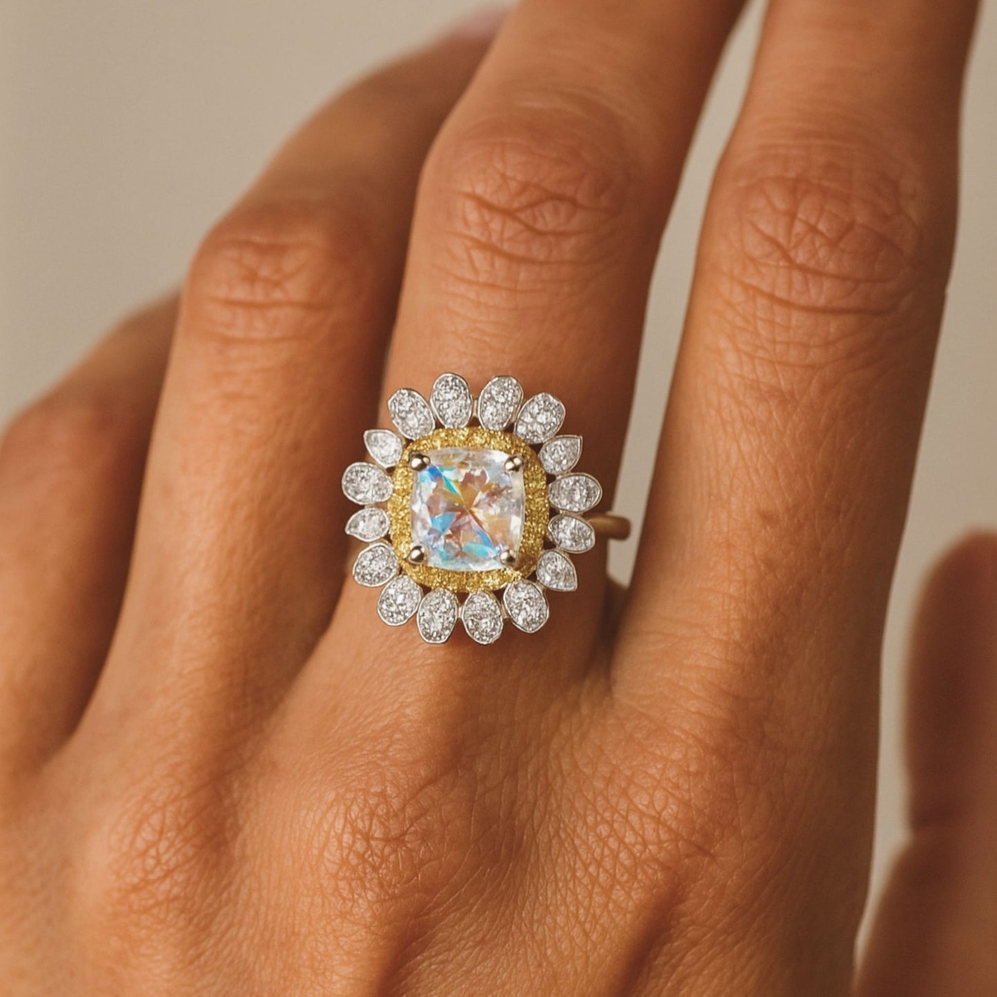 14K 1.82ct Cushion Moonstone 0.79cttw Yellow & White Diamonds Ring