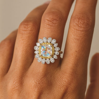 14K 1.82ct Cushion Moonstone 0.79cttw Yellow & White Diamonds Ring