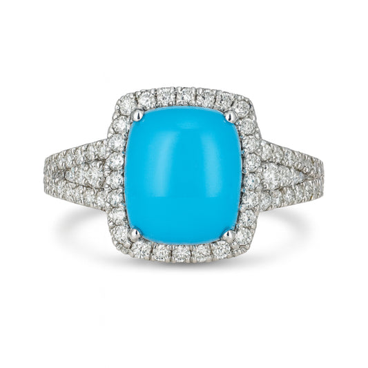 14K 2.91ct Cushion Sleeping Beauty Turquoise 0.48cttw White Diamonds Ring