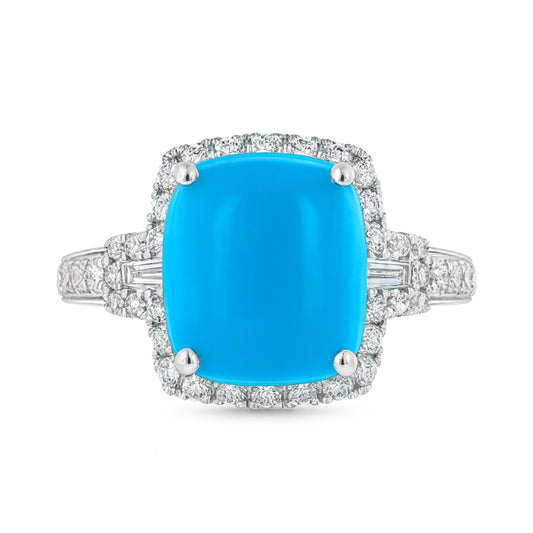 14K 5.28ct Cushion Sleeping Beauty Turquoise 0.59cttw White Diamonds Ring