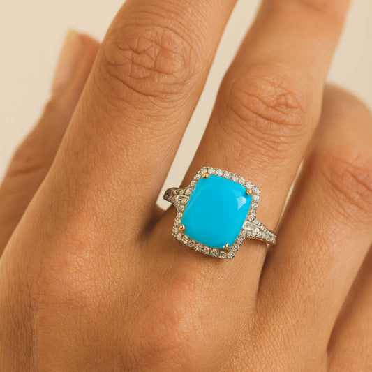 14K 5.28ct Cushion Sleeping Beauty Turquoise 0.59cttw White Diamonds Ring