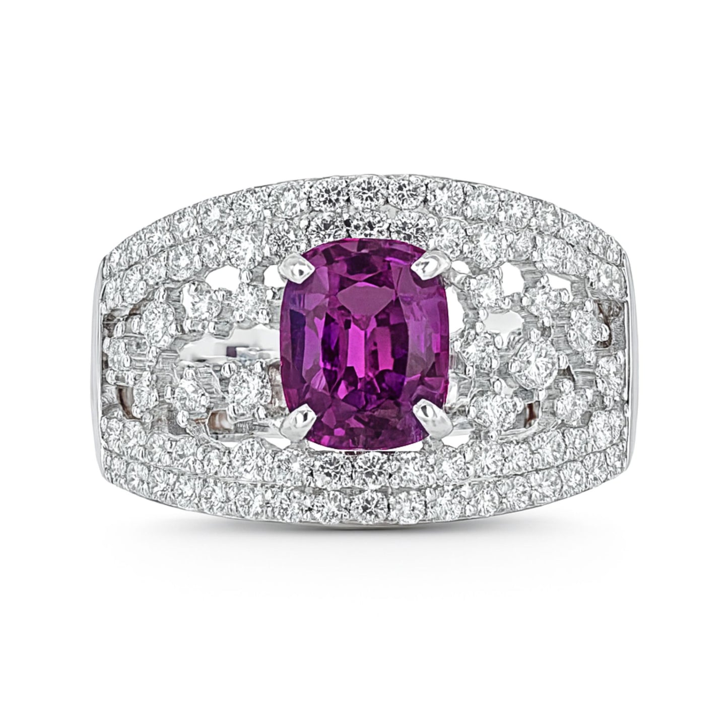 14K 1.82ct Cushion Unheated Purple Sapphire 0.93cttw VS White Diamonds Ring