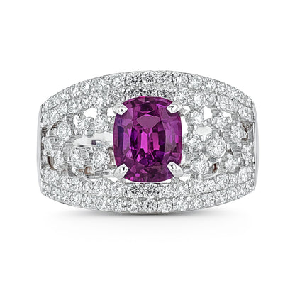 14K 1.82ct Cushion Unheated Purple Sapphire 0.93cttw VS White Diamonds Ring