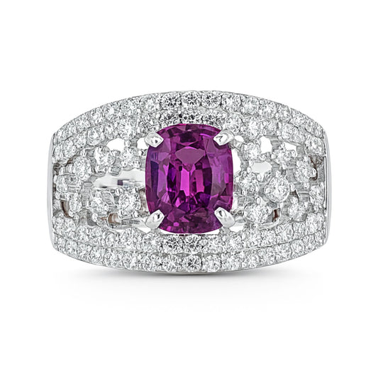 14K 1.82ct Cushion Unheated Purple Sapphire 0.93cttw VS White Diamonds Ring