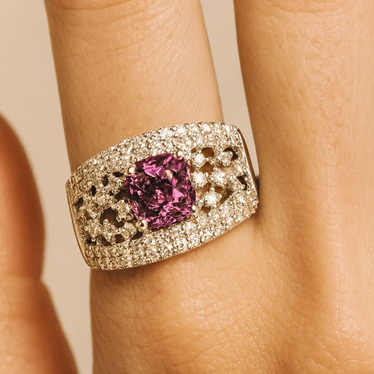 14K 1.82ct Cushion Unheated Purple Sapphire 0.93cttw VS White Diamonds Ring