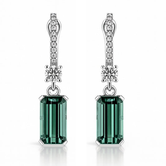 14K 7.27cttw Emerald Cut Congo Tourmaline 0.65cttw VS White Diamonds Drop Earrings