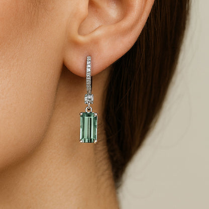14K 7.27cttw Emerald Cut Congo Tourmaline 0.65cttw VS White Diamonds Drop Earrings