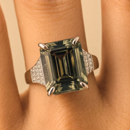 14K 10.12ct Emerald Cut Color Change Diaspore 0.22cttw VS White Diamonds Ring