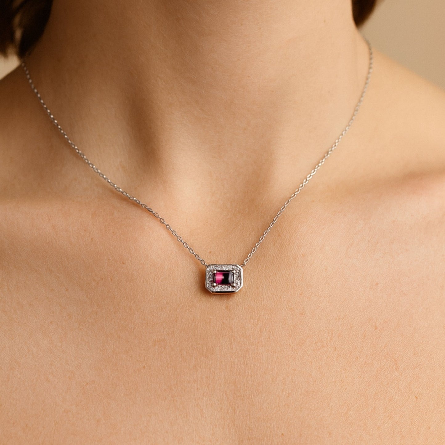 14K 0.64ct Emerald Cut Winza Sapphire 0.10cttw VS White Diamonds Necklace