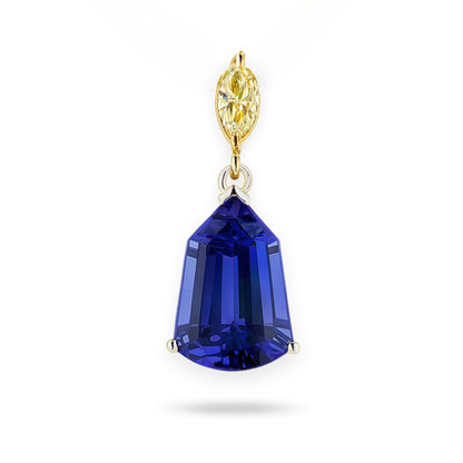 14K 6.77ct Fancy Cut Blue Wing Tanzanite 0.30ct Marquise VS Yellow Diamond Pendant