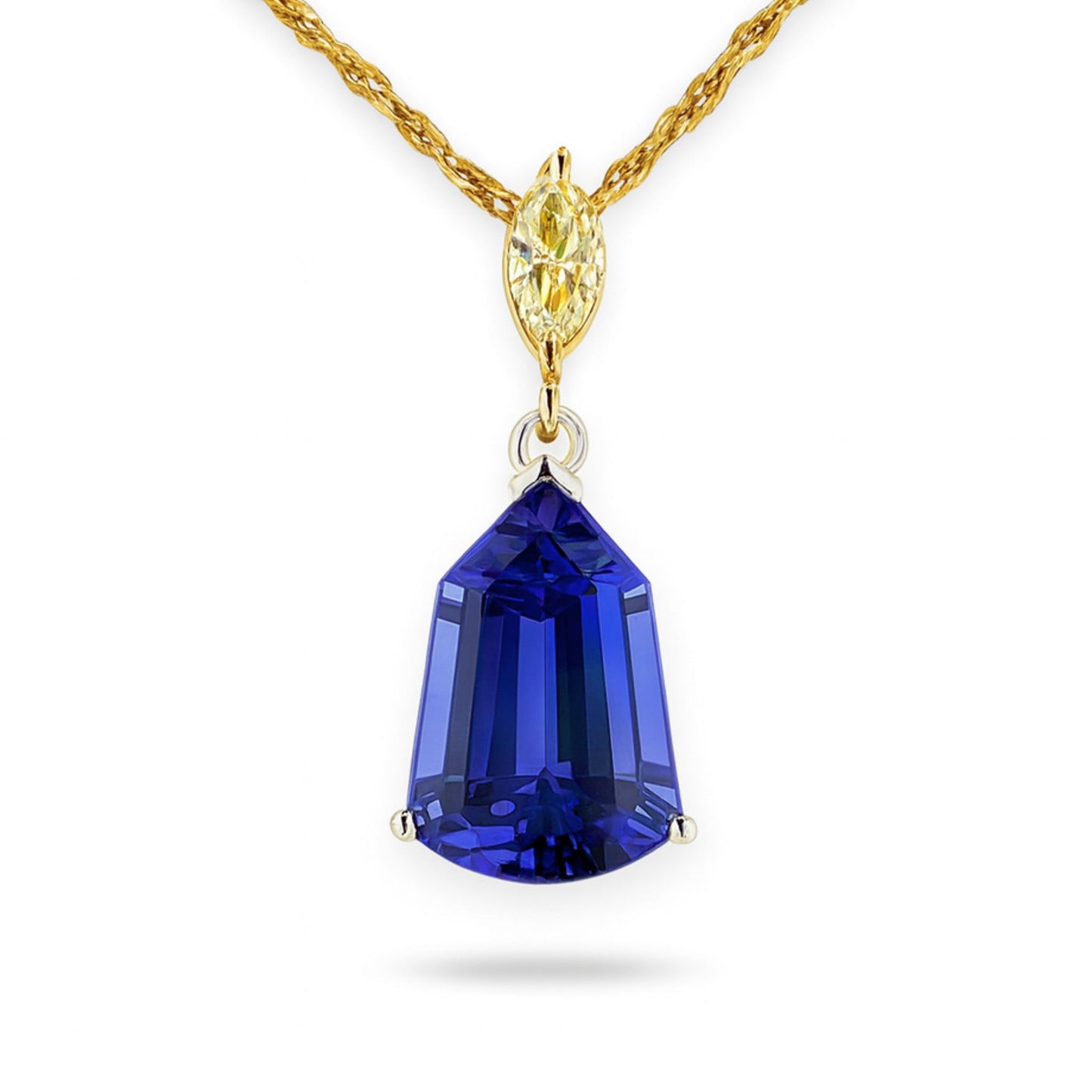 14K 6.77ct Fancy Cut Blue Wing Tanzanite 0.30ct Marquise VS Yellow Diamond Pendant