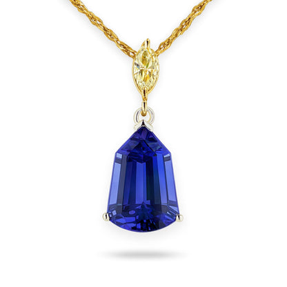 14K 6.77ct Fancy Cut Blue Wing Tanzanite 0.30ct Marquise VS Yellow Diamond Pendant