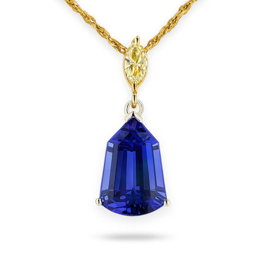 14K 6.77ct Fancy Cut Blue Wing Tanzanite 0.30ct Marquise VS Yellow Diamond Pendant