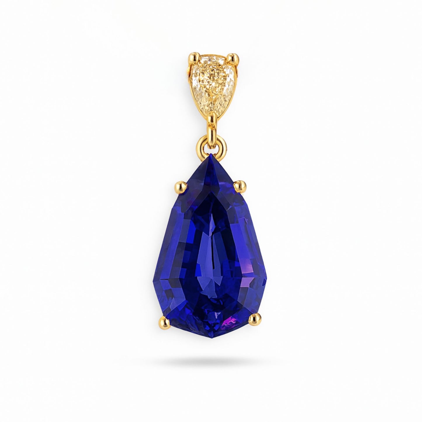 14K 5.97ct Fancy Cut Blue Wing Tanzanite 0.26ct Pear Shape VS Yellow Diamond Pendant