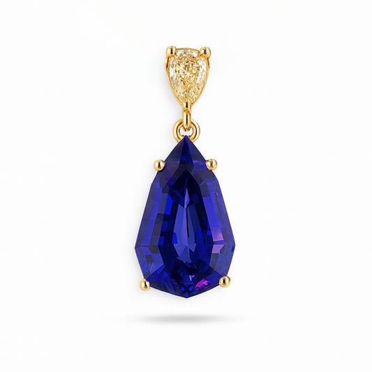 14K 5.97ct Fancy Cut Blue Wing Tanzanite 0.26ct Pear Shape VS Yellow Diamond Pendant