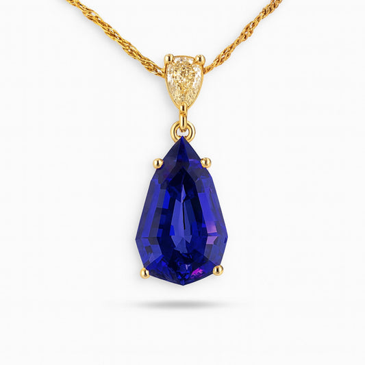 14K 5.97ct Fancy Cut Blue Wing Tanzanite 0.26ct Pear Shape VS Yellow Diamond Pendant