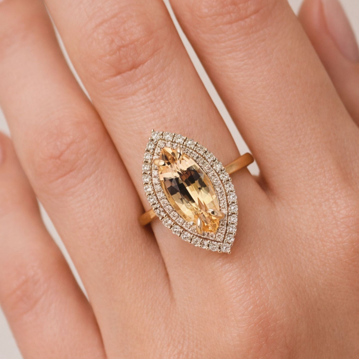 14K 3.42ct Marquise Unheated Yellow Sapphire 0.65cttw VS White Diamonds Ring