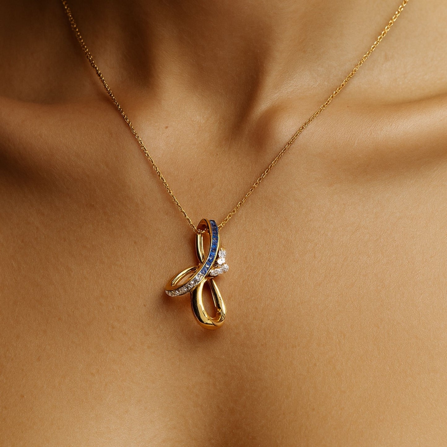 18K 1.14cttw Asscher Cut Multi-Color Sapphire 0.22cttw White Diamonds Necklace