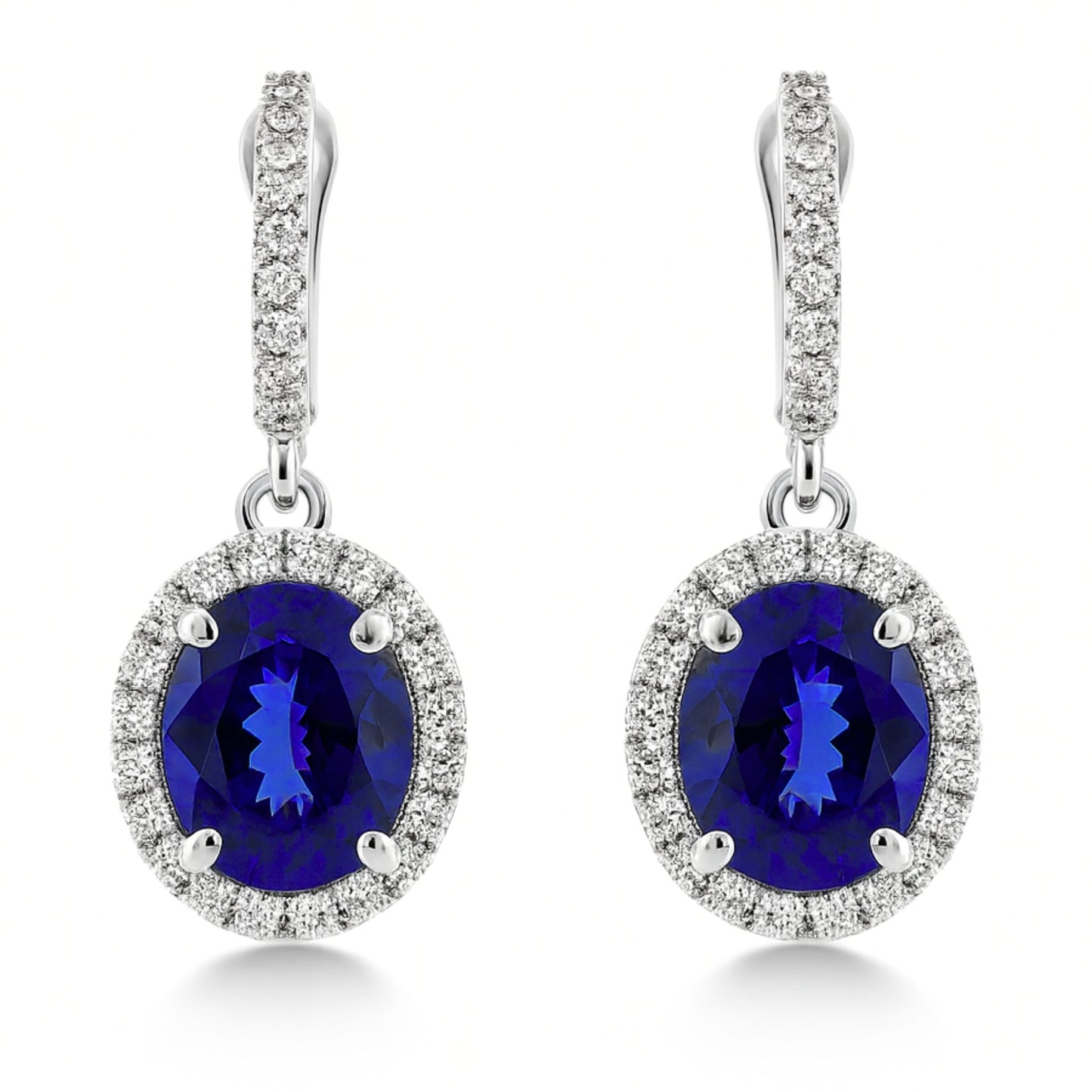 14K 10.61cttw Oval Blue Wing Tanzanite 1.24cttw VS White Diamonds Drop Earrings