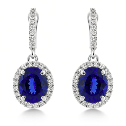 14K 10.61cttw Oval Blue Wing Tanzanite 1.24cttw VS White Diamonds Drop Earrings