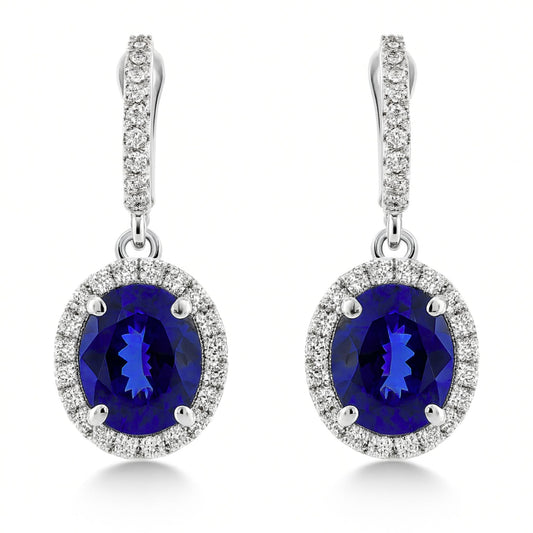 14K 10.61cttw Oval Blue Wing Tanzanite 1.24cttw VS White Diamonds Drop Earrings