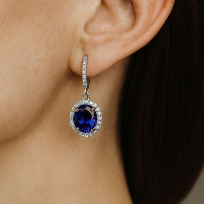 14K 10.61cttw Oval Blue Wing Tanzanite 1.24cttw VS White Diamonds Drop Earrings