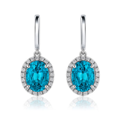 14K 10.52cttw Oval Private Collection Blue Zircon 0.80cttw VS White Diamonds Drop Earrings
