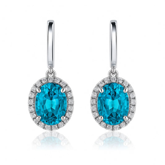 14K 10.52cttw Oval Private Collection Blue Zircon 0.80cttw VS White Diamonds Drop Earrings