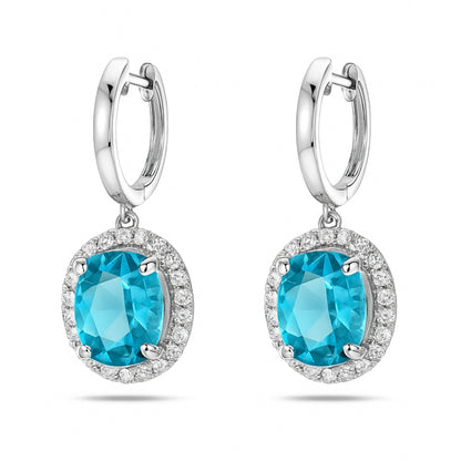14K 10.52cttw Oval Private Collection Blue Zircon 0.80cttw VS White Diamonds Drop Earrings