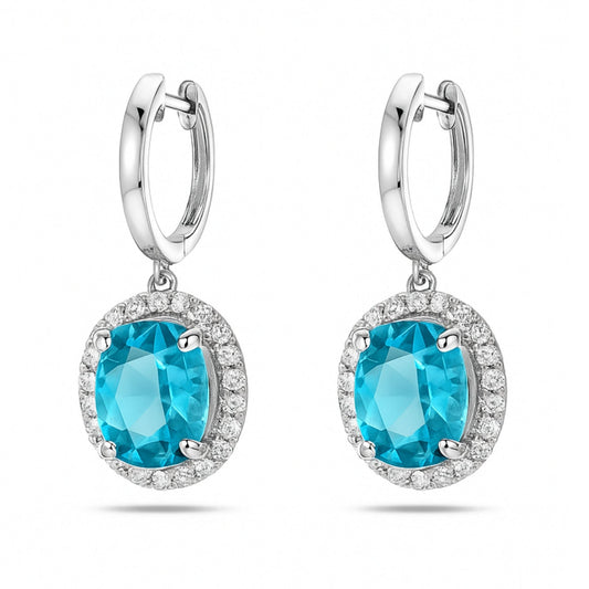 14K 10.52cttw Oval Private Collection Blue Zircon 0.80cttw VS White Diamonds Drop Earrings