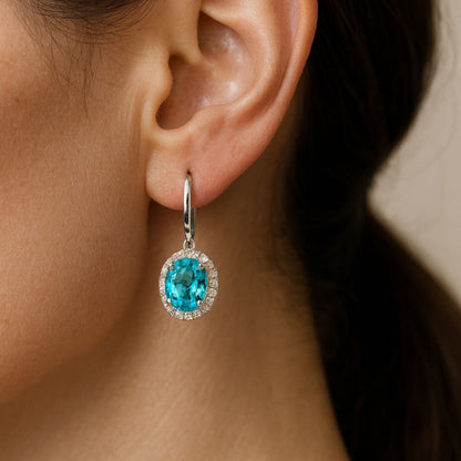 14K 10.52cttw Oval Private Collection Blue Zircon 0.80cttw VS White Diamonds Drop Earrings