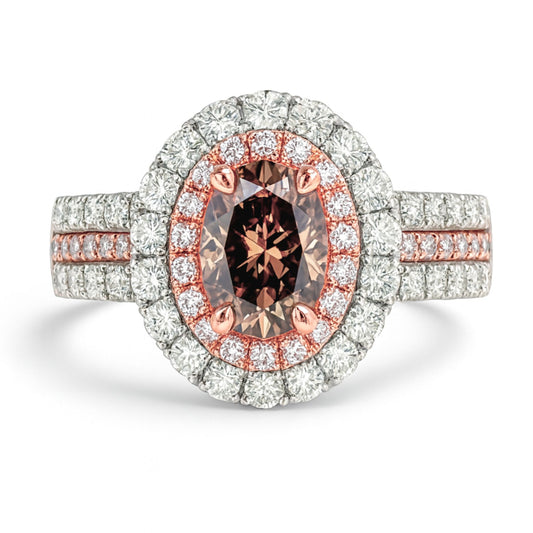 14K 1.01ct Oval VS Cognac Diamond 1.72cttw VS Pink & White Diamonds Ring