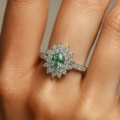 14K 0.40ct Oval Green Kornerupine 0.63cttw VS White Diamonds Ring