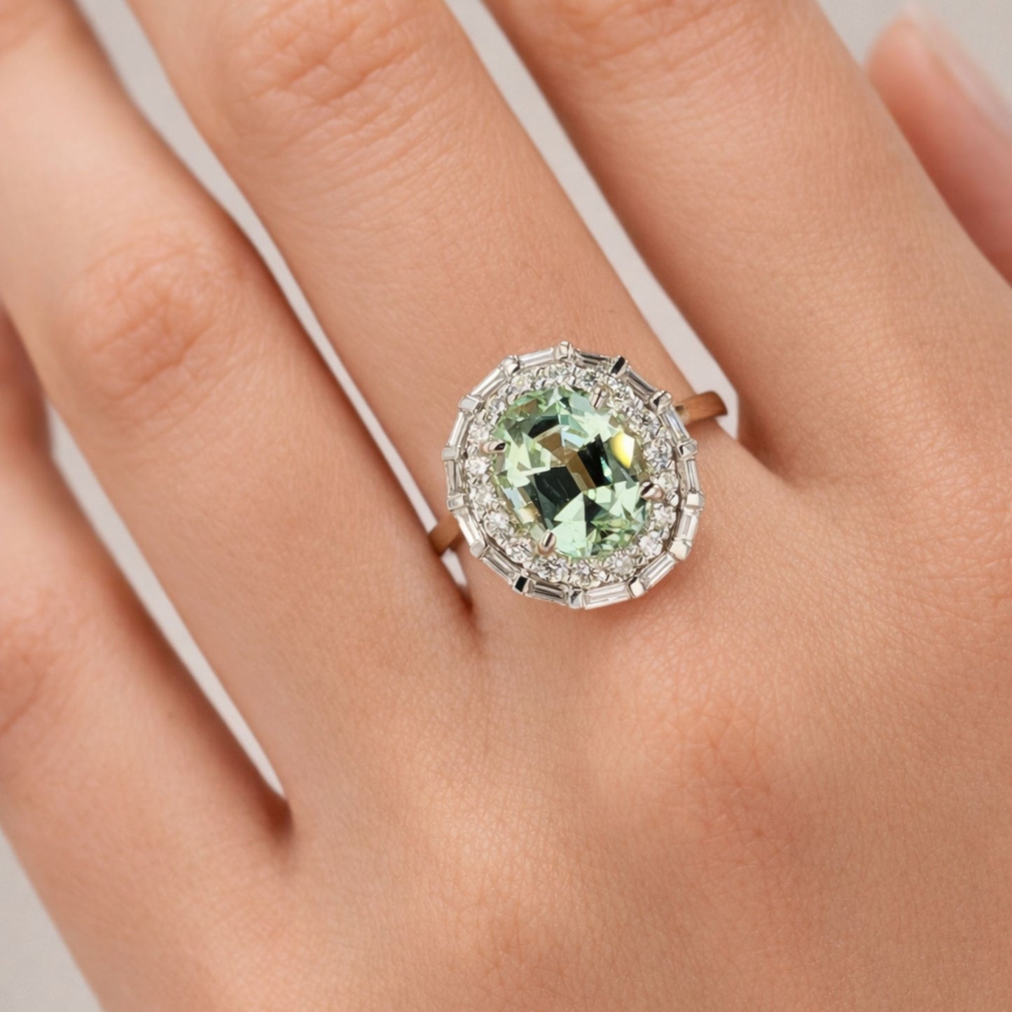 14K 3.54ct Oval Mint Tourmaline 0.67cttw VS White Diamonds Ring